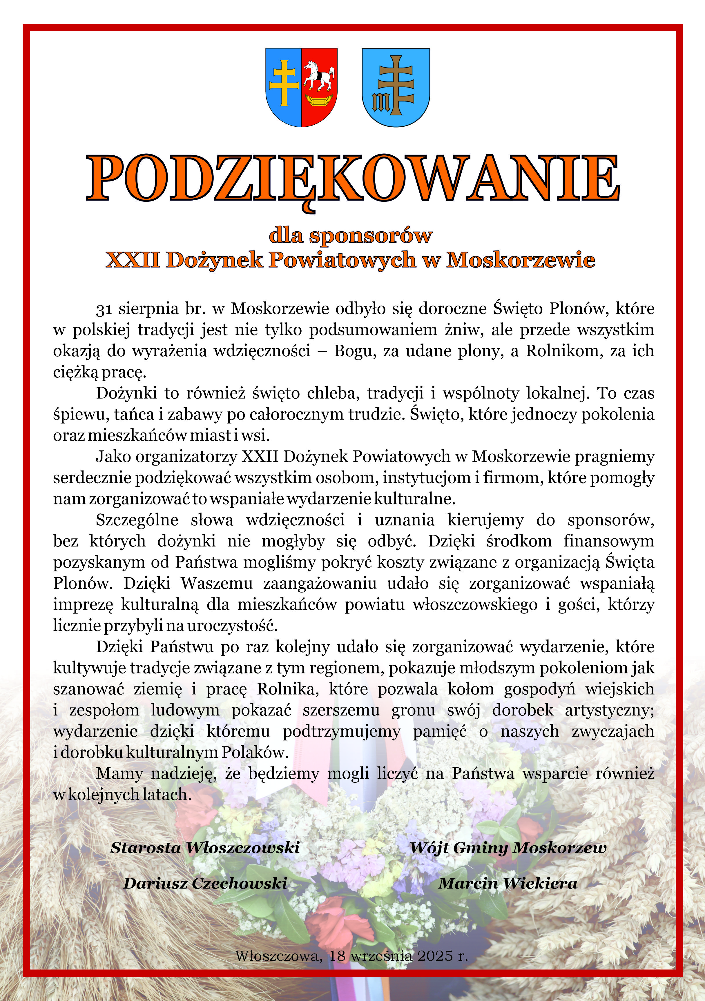 podziękowanieSponsoromDożynek2025
