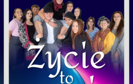 Plakat teatralny z zdjęciem aktor&oacute;w i tytułem.