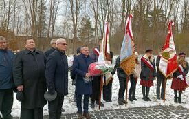 Poczty sztandarowe i delegacje stoją na placu małego cmentarza