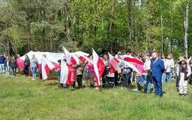 Zgromadzone na łące dzieci machają flagami Polski