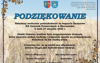Zdjęcie do Podziękowanie Sponsorom XX Dożynek Powiatowych w Kluczewsku