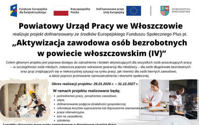 Zdjęcie do Informacje o projekcie &bdquo;Aktywizacja zawodowa os&oacute;b bezrobotnych w powiecie włoszczowskim (IV)&rdquo; 